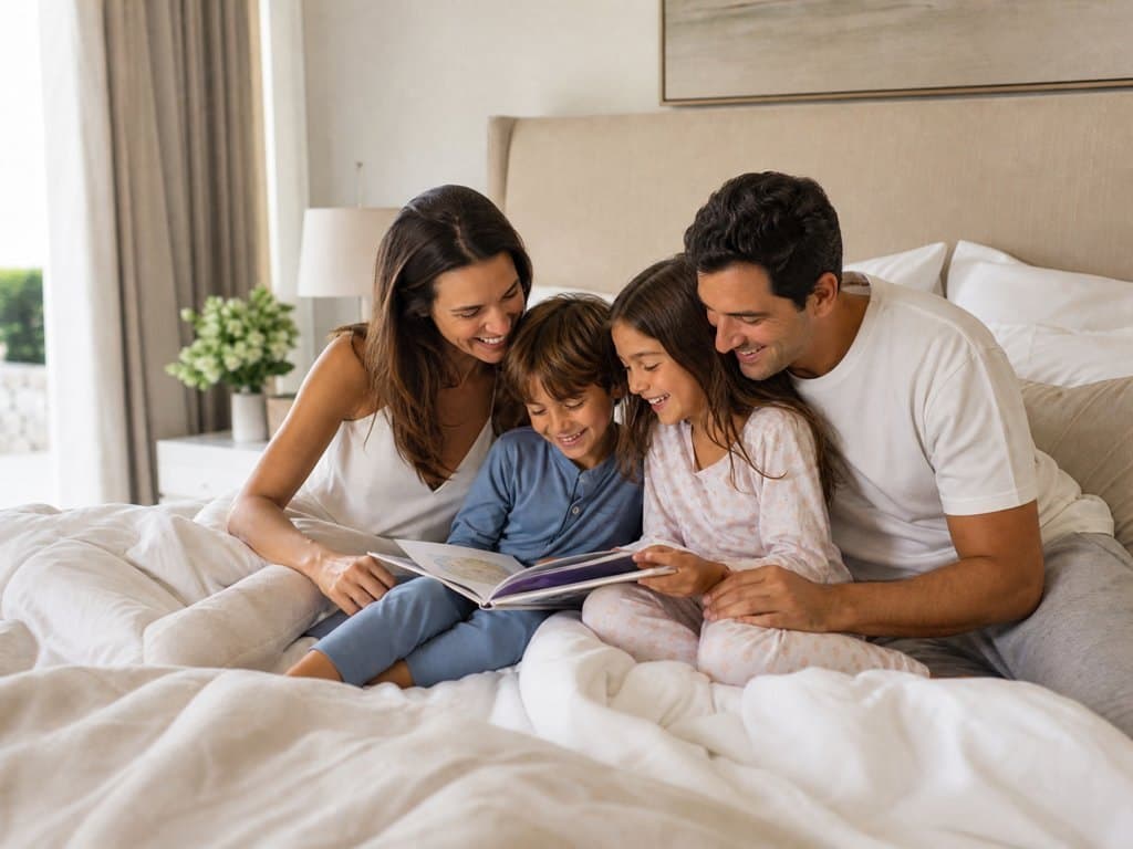 Pais e dois filhos lendo um livro juntos na cama numa manhã de domingo