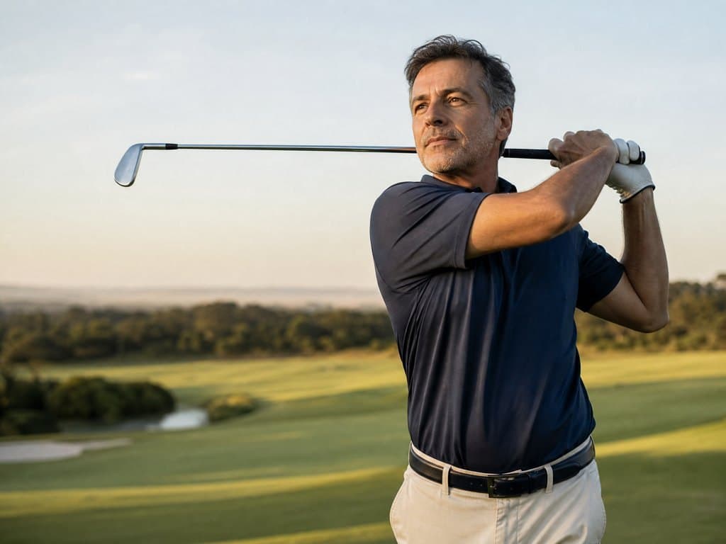 Homem terminando a tacada num campo de golfe ao amanhecer