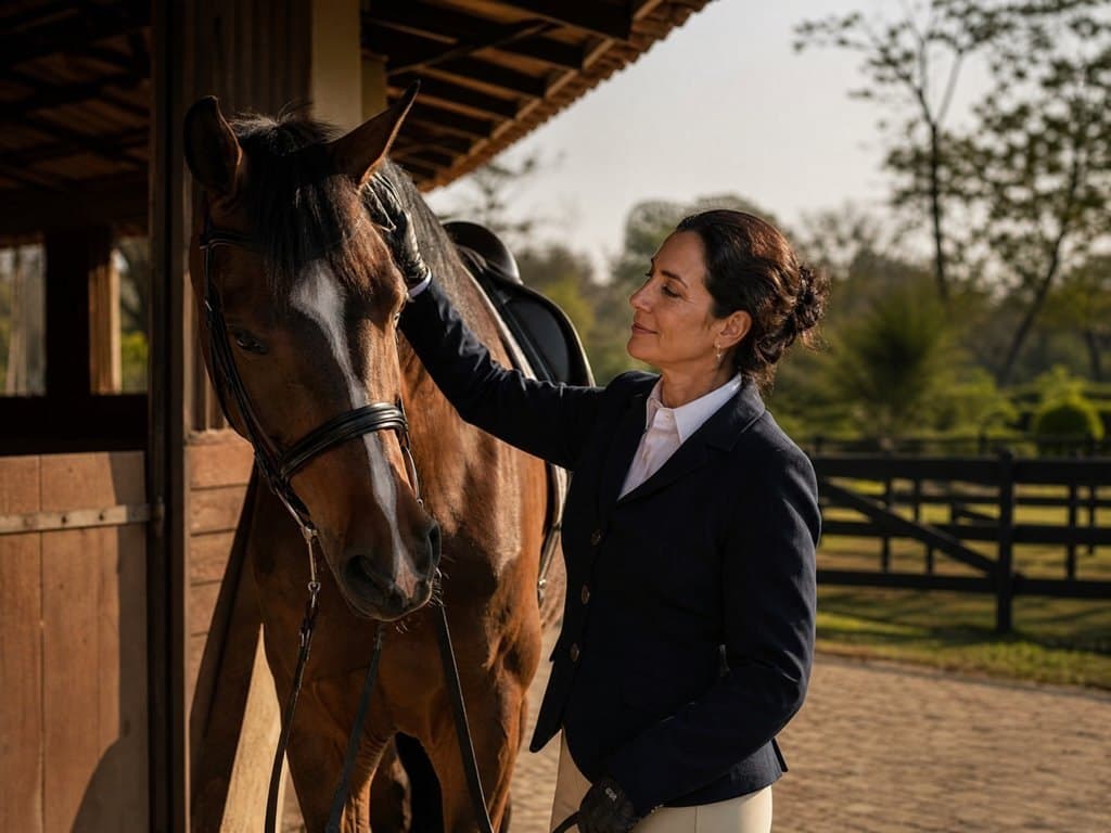 Mulher com traje de hipismo acariciando o cavalo na baia do clube