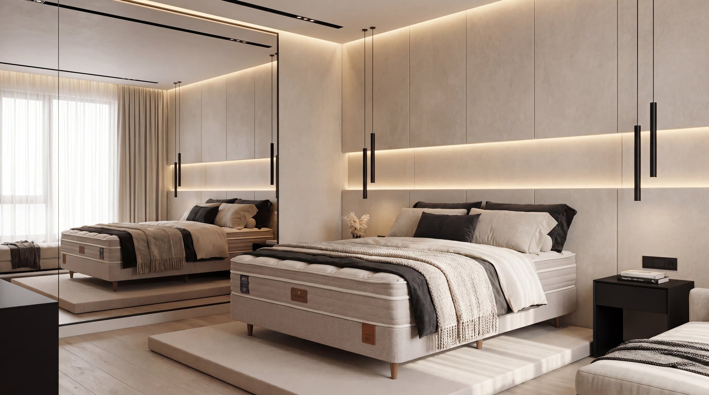 Quarto claro com cama vestida e cabeceira em painel com iluminação embutida