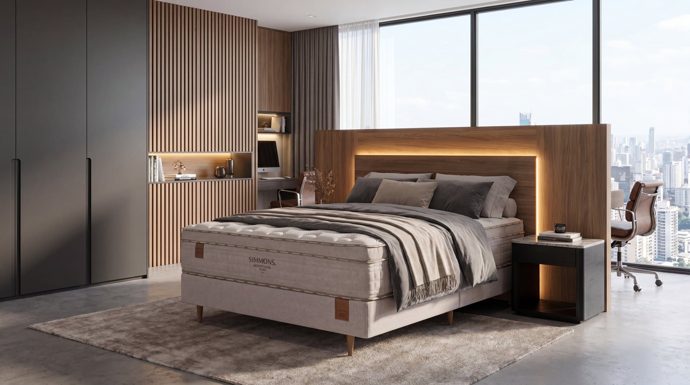 Cama com cabeceira de madeira e luz embutida, manta sobre o colchão e vista urbana