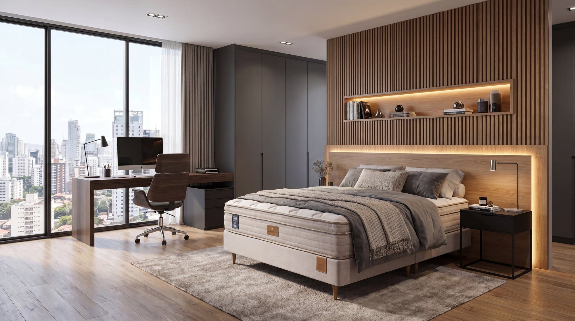 Quarto claro com o conjunto Simmons Charleston montado diante de uma janela ampla, com vista para a cidade