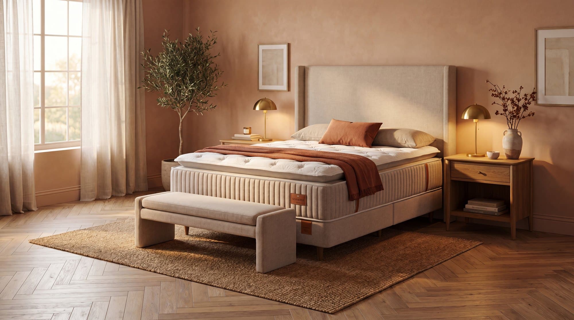 Quarto iluminado com cama Simmons Heritage, cabeceira estofada e abajures dourados