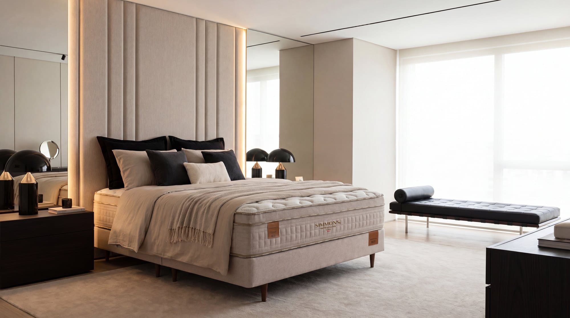 Quarto amplo e claro com o conjunto Simmons Metropolitan montado, luz natural filtrada pela cortina