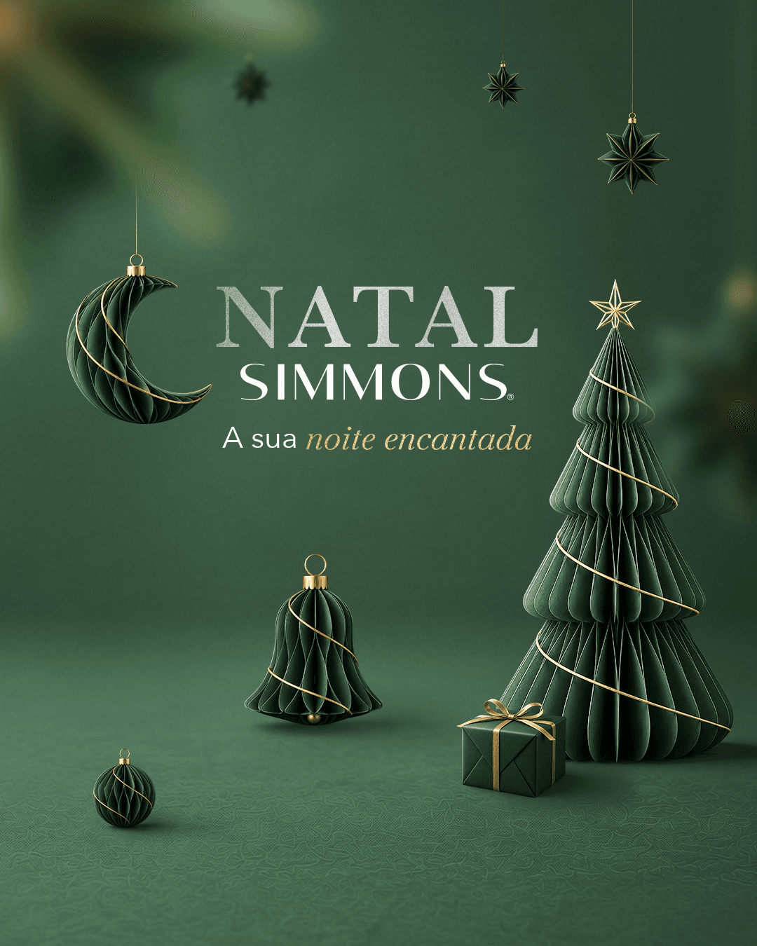 Arte Natal Simmons — A sua noite encantada, com árvore e enfeites verdes e dourados